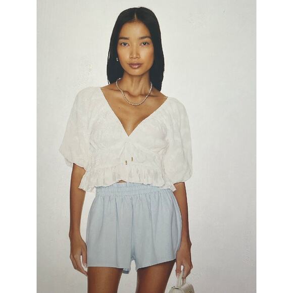 NWT MINKPINK BLOWOUT WHITE ABELLA BLOUSE. FRONT TIE CLOSURE PUFF SLEEVES LARGE - Picture 1 of 5
